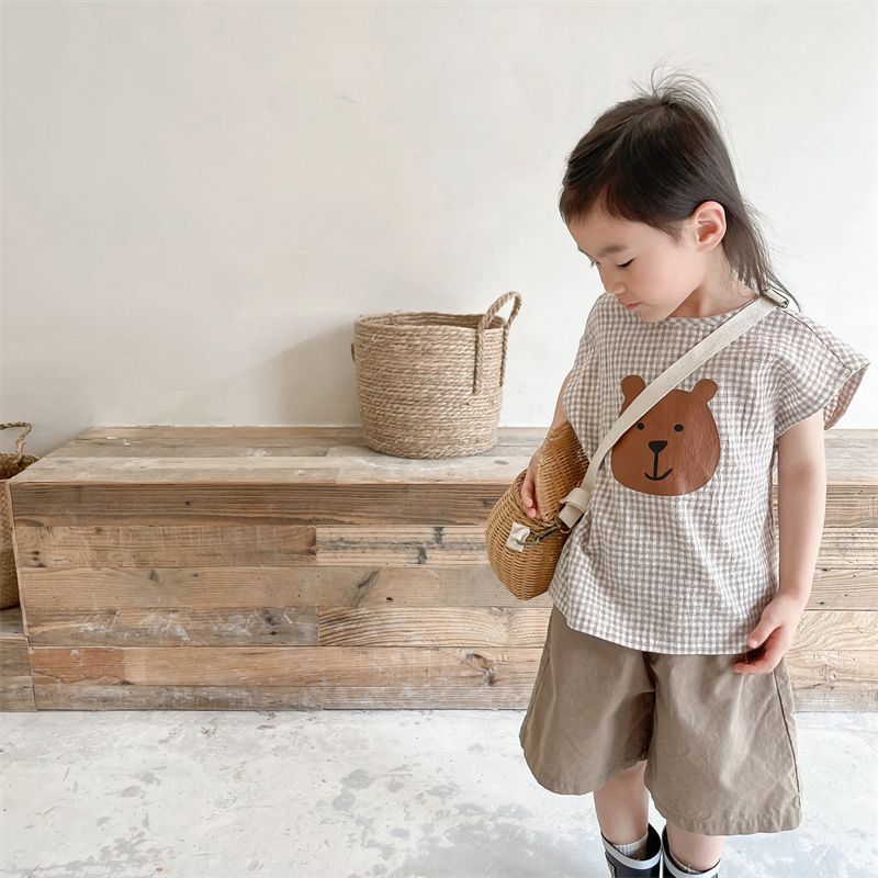 ブラウス 子供服 半袖 チェック柄 クマさん プルオーバー 半袖トップス フレンチスリーブ 韓国風 子ども服 こども服 女の子 春 夏 80 90 100 110 120 130 かわいい shenjia04