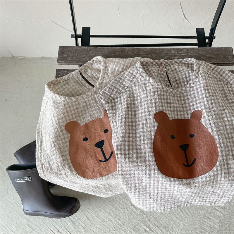 ブラウス 子供服 半袖 チェック柄 クマさん プルオーバー 半袖トップス フレンチスリーブ 韓国風 子ども服 こども服 女の子 春 夏 80 90 100 110 120 130 かわいい shenjia04