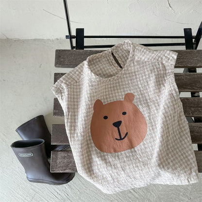 ブラウス 子供服 半袖 チェック柄 クマさん プルオーバー 半袖トップス フレンチスリーブ 韓国風 子ども服 こども服 女の子 春 夏 80 90 100 110 120 130 かわいい shenjia04