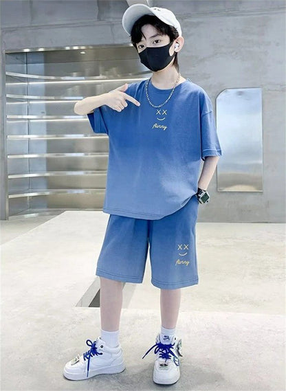 子供服 男の子 夏 セットアップ 半袖Tシャツ ハーフパンツ 夏服 ジュニア 子供 ジャージ 上下セット 子ども服 半袖 ゆったり カジュアル 子供 普段着 トップス 半袖スウェット 丸襟 ハーフパンツ 韓国風 おxiaokb320