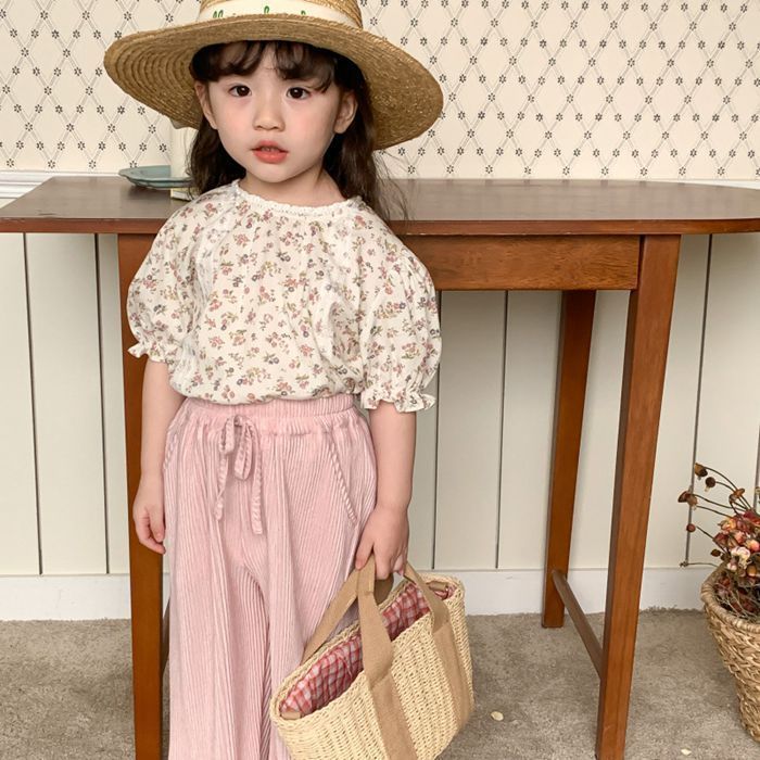 キッズ 上下セット 女の子 セットアップ 子供服 花柄 tシャツ 半袖tシャツ クルーネック ウエストゴム ワイドパンツ ストライプ柄 ポケット付き 子供 ベビー 子ども ベビー服 韓国風 夏 かわいい おしゃれ