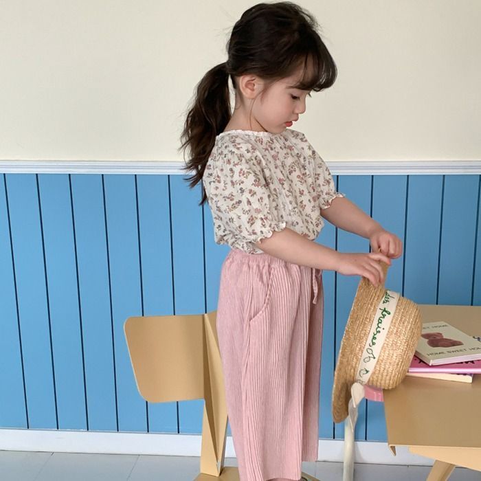 キッズ 上下セット 女の子 セットアップ 子供服 花柄 tシャツ 半袖tシャツ クルーネック ウエストゴム ワイドパンツ ストライプ柄 ポケット付き 子供 ベビー 子ども ベビー服 韓国風 夏 かわいい おしゃれ