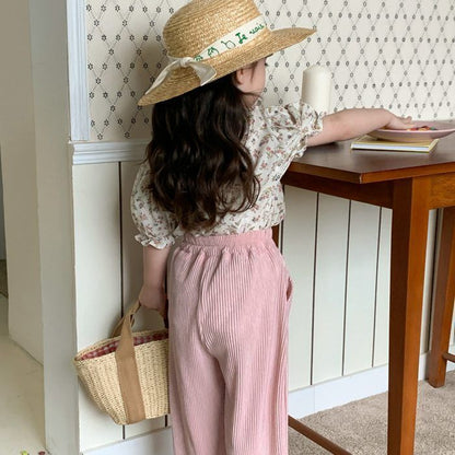 キッズ 上下セット 女の子 セットアップ 子供服 花柄 tシャツ 半袖tシャツ クルーネック ウエストゴム ワイドパンツ ストライプ柄 ポケット付き 子供 ベビー 子ども ベビー服 韓国風 夏 かわいい おしゃれ