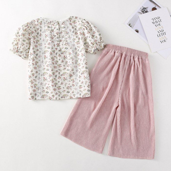 キッズ 上下セット 女の子 セットアップ 子供服 花柄 tシャツ 半袖tシャツ クルーネック ウエストゴム ワイドパンツ ストライプ柄 ポケット付き 子供 ベビー 子ども ベビー服 韓国風 夏 かわいい おしゃれ