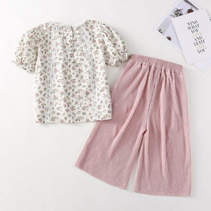 キッズ 上下セット 女の子 セットアップ 子供服 花柄 tシャツ 半袖tシャツ クルーネック ウエストゴム ワイドパンツ ストライプ柄 ポケット付き 子供 ベビー 子ども ベビー服 韓国風 夏 かわいい おしゃれ