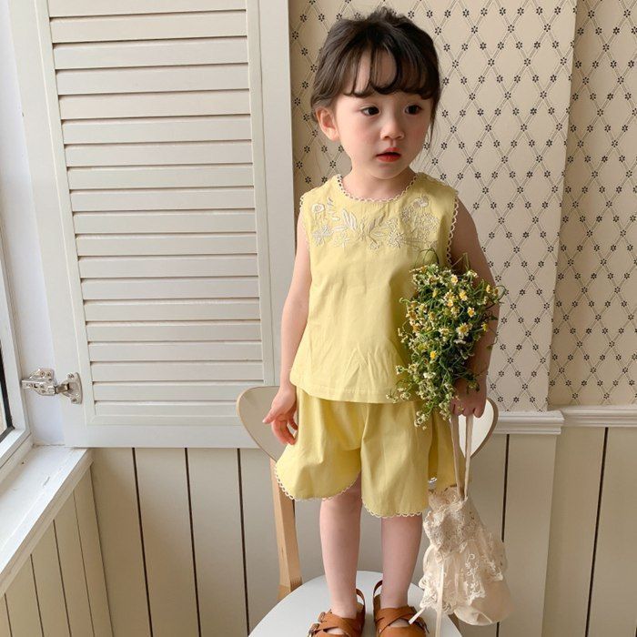女の子 セットアップ 子供服 刺繍 タンクトップ 袖なしtシャツ クルーネック ウエストゴム ショートパンツ 無地 キッズ 上下セット 子供 子ども ベビー服 ルームウェア 韓国風 かわいい おしゃれ jiangge12
