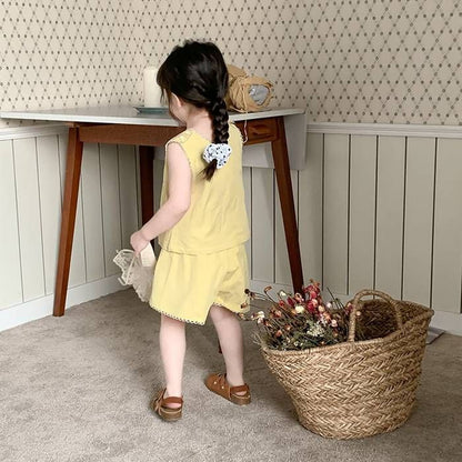 女の子 セットアップ 子供服 刺繍 タンクトップ 袖なしtシャツ クルーネック ウエストゴム ショートパンツ 無地 キッズ 上下セット 子供 子ども ベビー服 ルームウェア 韓国風 かわいい おしゃれ jiangge12