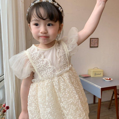 チュールワンピース 女の子 ドレス チュール キッズ ワンピース チュール袖 半袖 ベビー Aライン 子ども服 フォーマル 結婚式 七五三 発表会 上品 お姫様 パーティー レース 子供服 かわいい jiangge14