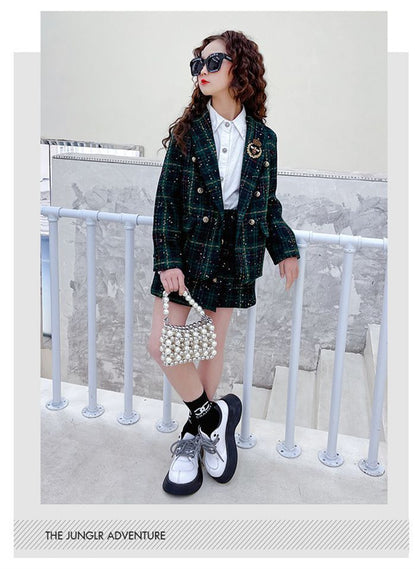 女の子 子供スーツ 2点セット ジャケット ショートパンツ 2点セット キッズ 子ども服 ツイード フォーマル スーツ チェック柄 可愛い お洒落 入園式 卒園式 幼稚園 発表会 卒業式 誕生日