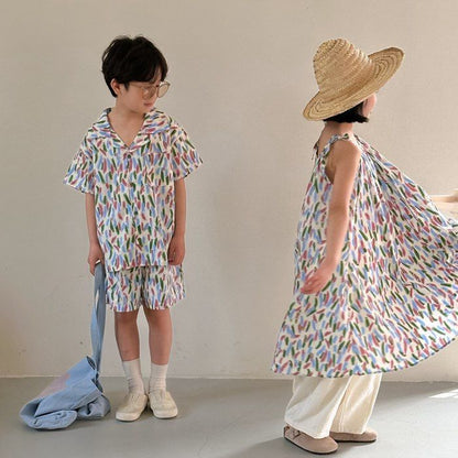 兄妹お揃い 韓国子供服 ワンピース 女の子 花柄 男の子 セットアップ アロハ 夏服 可愛い ビーチウエア ジュニア 子ども服 カジュアル xmtz02