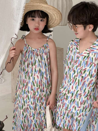 兄妹お揃い 韓国子供服 ワンピース 女の子 花柄 男の子 セットアップ アロハ 夏服 可愛い ビーチウエア ジュニア 子ども服 カジュアル xmtz02