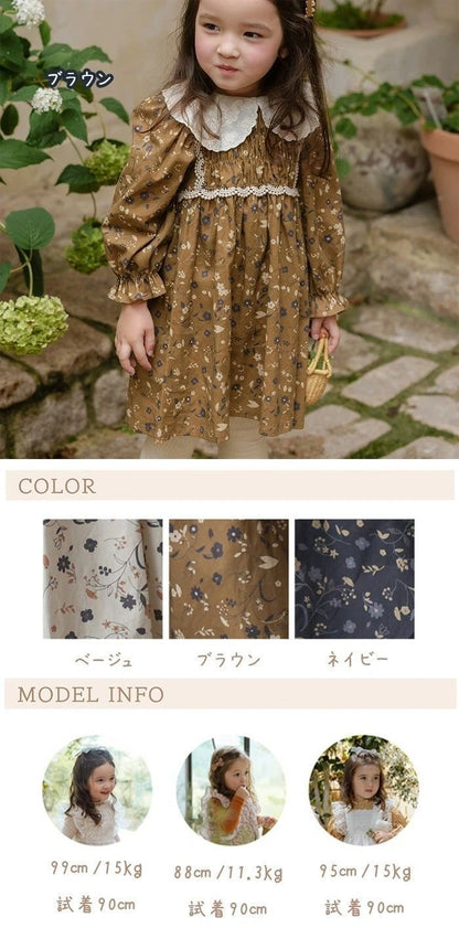 ベビー ワンピース 赤ちゃん 女の子 長袖 キッズ 子ども 子供服 付け襟 可愛い ワンピース 春 ベビードレス お姫様風 セレモニードレス 花柄 90 100 110 120 ベビー服 写真撮影 通園 通学
