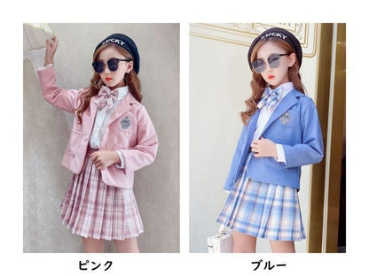 上下セット スーツ 女の子 セットアップ キッズ 卒業式 入学式 卒園式 ジャケット スカート シャツ チェック柄 子供服 子供 長袖 子ども 小学校 七五三 韓国子供服 オシャレ ピンク ブルー JK 春