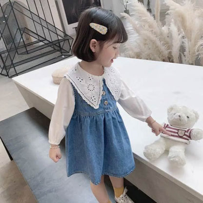 女の子 ワンピース 2点セット 長袖シャツ＋ジャンパースカート 子供服 キッズ デニム 90 100 110 120 130 140cm シンプル 子ども服 こども服 無地 春 夏 秋 カジュアル ガ#sour45