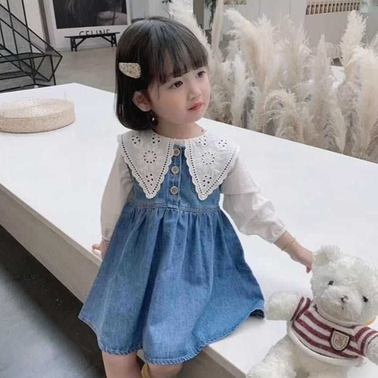 女の子 ワンピース 2点セット 長袖シャツ＋ジャンパースカート 子供服 キッズ デニム 90 100 110 120 130 140cm シンプル 子ども服 こども服 無地 春 夏 秋 カジュアル ガ#sour45