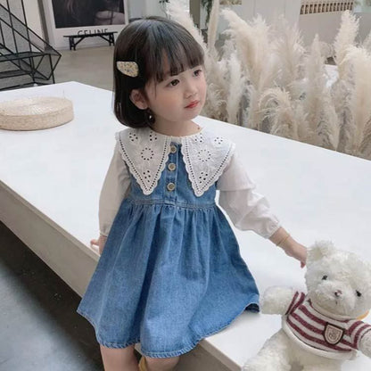 女の子 ワンピース 2点セット 長袖シャツ＋ジャンパースカート 子供服 キッズ デニム 90 100 110 120 130 140cm シンプル 子ども服 こども服 無地 春 夏 秋 カジュアル ガ#sour45