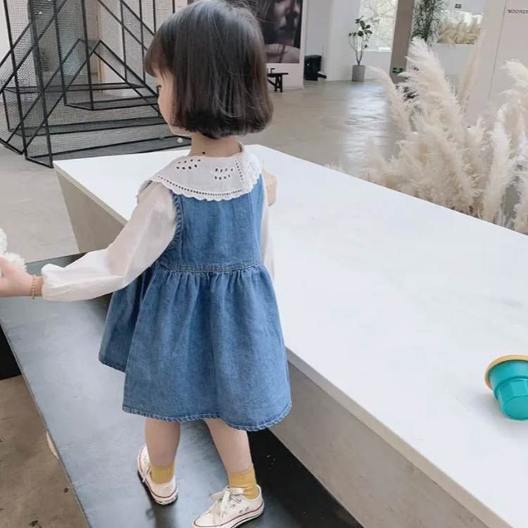 女の子 ワンピース 2点セット 長袖シャツ＋ジャンパースカート 子供服 キッズ デニム 90 100 110 120 130 140cm シンプル 子ども服 こども服 無地 春 夏 秋 カジュアル ガ#sour45