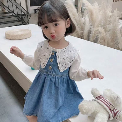 女の子 ワンピース 2点セット 長袖シャツ＋ジャンパースカート 子供服 キッズ デニム 90 100 110 120 130 140cm シンプル 子ども服 こども服 無地 春 夏 秋 カジュアル ガ#sour45