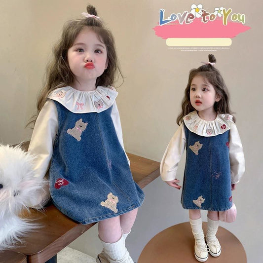 韓国子供服 女の子 セットアップ 姫系 スカートセット おしゃれ かわいい キッズ 長袖 シャツ+デニムサロペットスカート 2点セット 誕生日 結婚式 呼ばれ パーティー イベント 子ども服 ガールズ 春秋着 通学着 記念日 撮影写真 xzzongsi10