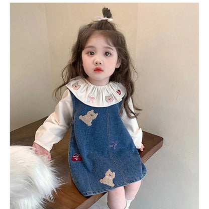 韓国子供服 女の子 セットアップ 姫系 スカートセット おしゃれ かわいい キッズ 長袖 シャツ+デニムサロペットスカート 2点セット 誕生日 結婚式 呼ばれ パーティー イベント 子ども服 ガールズ 春秋着 通学着 記念日 撮影写真 xzzongsi10