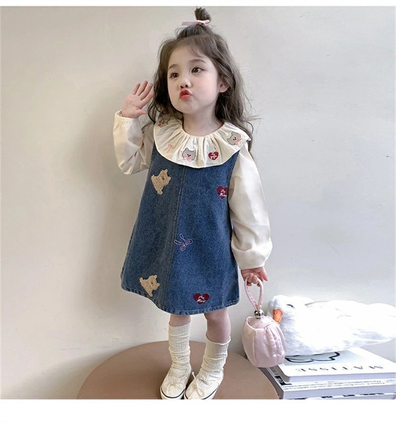 韓国子供服 女の子 セットアップ 姫系 スカートセット おしゃれ かわいい キッズ 長袖 シャツ+デニムサロペットスカート 2点セット 誕生日 結婚式 呼ばれ パーティー イベント 子ども服 ガールズ 春秋着 通学着 記念日 撮影写真 xzzongsi10