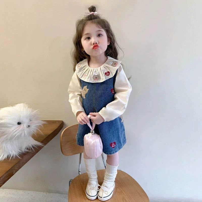 韓国子供服 女の子 セットアップ 姫系 スカートセット おしゃれ かわいい キッズ 長袖 シャツ+デニムサロペットスカート 2点セット 誕生日 結婚式 呼ばれ パーティー イベント 子ども服 ガールズ 春秋着 通学着 記念日 撮影写真 xzzongsi10