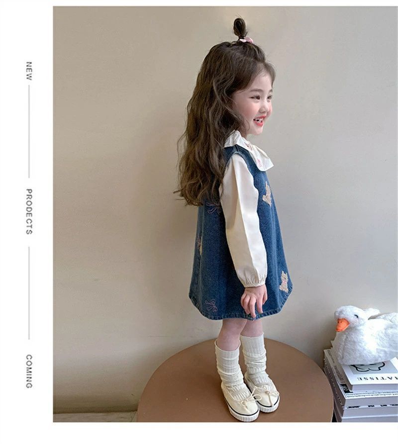 韓国子供服 女の子 セットアップ 姫系 スカートセット おしゃれ かわいい キッズ 長袖 シャツ+デニムサロペットスカート 2点セット 誕生日 結婚式 呼ばれ パーティー イベント 子ども服 ガールズ 春秋着 通学着 記念日 撮影写真 xzzongsi10