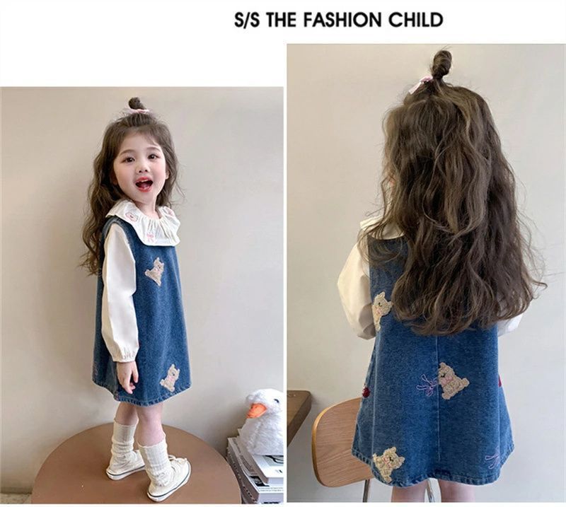 韓国子供服 女の子 セットアップ 姫系 スカートセット おしゃれ かわいい キッズ 長袖 シャツ+デニムサロペットスカート 2点セット 誕生日 結婚式 呼ばれ パーティー イベント 子ども服 ガールズ 春秋着 通学着 記念日 撮影写真 xzzongsi10