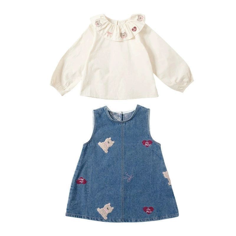 韓国子供服 女の子 セットアップ 姫系 スカートセット おしゃれ かわいい キッズ 長袖 シャツ+デニムサロペットスカート 2点セット 誕生日 結婚式 呼ばれ パーティー イベント 子ども服 ガールズ 春秋着 通学着 記念日 撮影写真 xzzongsi10