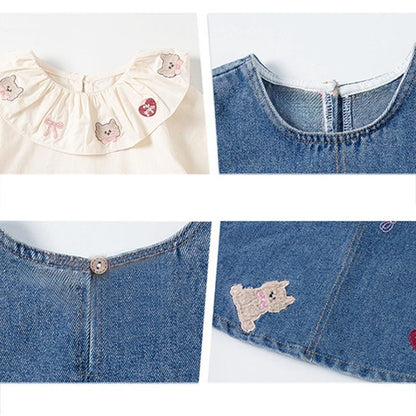 韓国子供服 女の子 セットアップ 姫系 スカートセット おしゃれ かわいい キッズ 長袖 シャツ+デニムサロペットスカート 2点セット 誕生日 結婚式 呼ばれ パーティー イベント 子ども服 ガールズ 春秋着 通学着 記念日 撮影写真 xzzongsi10