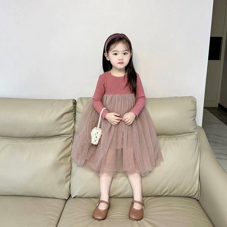 キッズ チュールワンピース 韓国こども服 シンプル 無地 女の子 Bee チュールワンピース ナチュラル 長袖 ワンピ 韓国子ども服 チュール 春 秋 90 100 110 120 130 140#sowa6584841