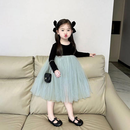 キッズ チュールワンピース 韓国こども服 シンプル 無地 女の子 Bee チュールワンピース ナチュラル 長袖 ワンピ 韓国子ども服 チュール 春 秋 90 100 110 120 130 140#sowa6584841