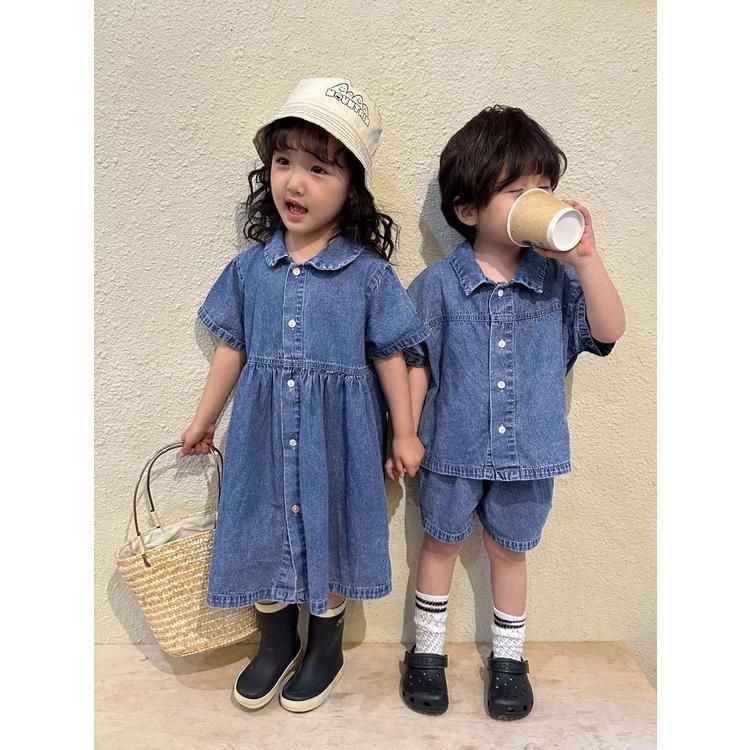 女の子 半袖 ワンピースデニ 未使用 ムワンピ 韓国子供服 男の子 半袖 セットアップ デニム2点セット 男女兼用 夏服 通園着 通学着 キッズ 可愛い おしゃれ ベビー服kongban145