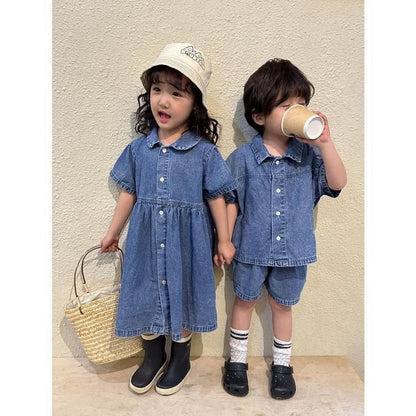 女の子 半袖 ワンピースデニ 未使用 ムワンピ 韓国子供服 男の子 半袖 セットアップ デニム2点セット 男女兼用 夏服 通園着 通学着 キッズ 可愛い おしゃれ ベビー服kongban145