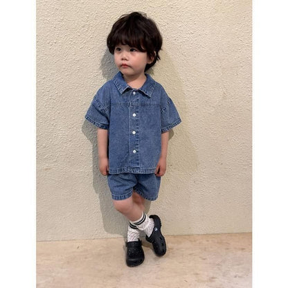 女の子 半袖 ワンピースデニ 未使用 ムワンピ 韓国子供服 男の子 半袖 セットアップ デニム2点セット 男女兼用 夏服 通園着 通学着 キッズ 可愛い おしゃれ ベビー服kongban145