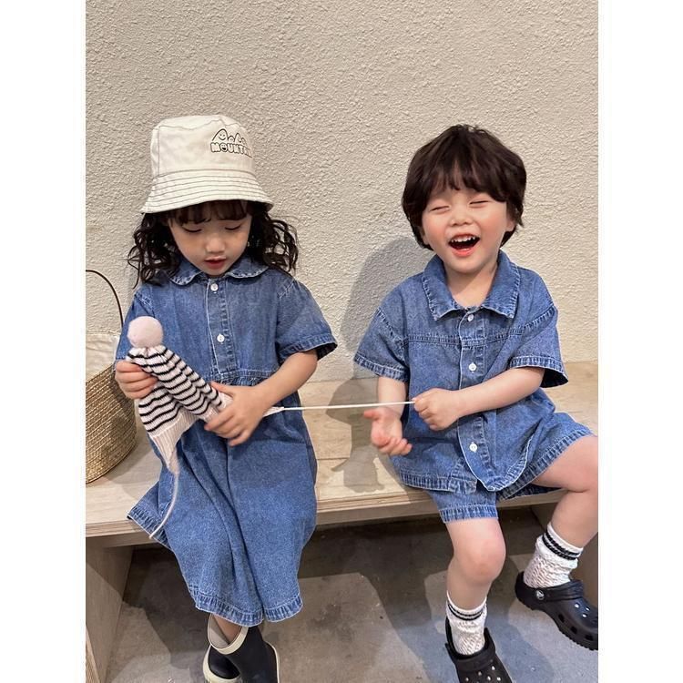 女の子 半袖 ワンピースデニ 未使用 ムワンピ 韓国子供服 男の子 半袖 セットアップ デニム2点セット 男女兼用 夏服 通園着 通学着 キッズ 可愛い おしゃれ ベビー服kongban145
