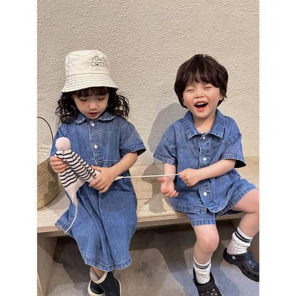 女の子 半袖 ワンピースデニ 未使用 ムワンピ 韓国子供服 男の子 半袖 セットアップ デニム2点セット 男女兼用 夏服 通園着 通学着 キッズ 可愛い おしゃれ ベビー服kongban145