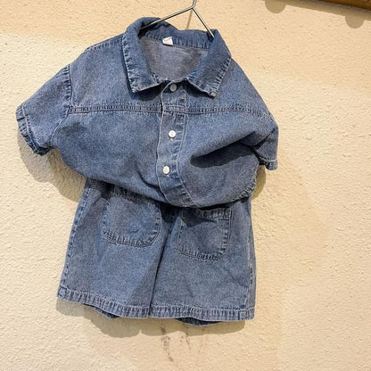 女の子 半袖 ワンピースデニ 未使用 ムワンピ 韓国子供服 男の子 半袖 セットアップ デニム2点セット 男女兼用 夏服 通園着 通学着 キッズ 可愛い おしゃれ ベビー服kongban145