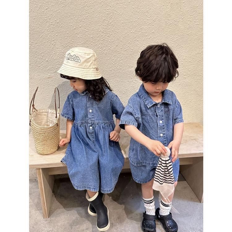 女の子 半袖 ワンピースデニ 未使用 ムワンピ 韓国子供服 男の子 半袖 セットアップ デニム2点セット 男女兼用 夏服 通園着 通学着 キッズ 可愛い おしゃれ ベビー服kongban145