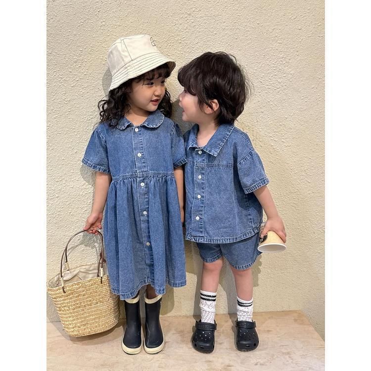 女の子 半袖 ワンピースデニ 未使用 ムワンピ 韓国子供服 男の子 半袖 セットアップ デニム2点セット 男女兼用 夏服 通園着 通学着 キッズ 可愛い おしゃれ ベビー服kongban145
