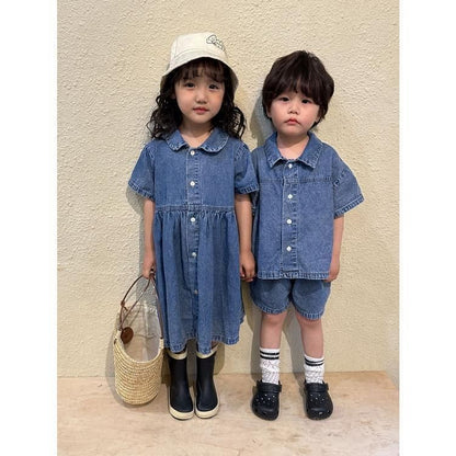 女の子 半袖 ワンピースデニ 未使用 ムワンピ 韓国子供服 男の子 半袖 セットアップ デニム2点セット 男女兼用 夏服 通園着 通学着 キッズ 可愛い おしゃれ ベビー服kongban145