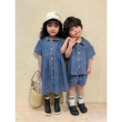 女の子 半袖 ワンピースデニ 未使用 ムワンピ 韓国子供服 男の子 半袖 セットアップ デニム2点セット 男女兼用 夏服 通園着 通学着 キッズ 可愛い おしゃれ ベビー服kongban145