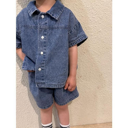 女の子 半袖 ワンピースデニ 未使用 ムワンピ 韓国子供服 男の子 半袖 セットアップ デニム2点セット 男女兼用 夏服 通園着 通学着 キッズ 可愛い おしゃれ ベビー服kongban145