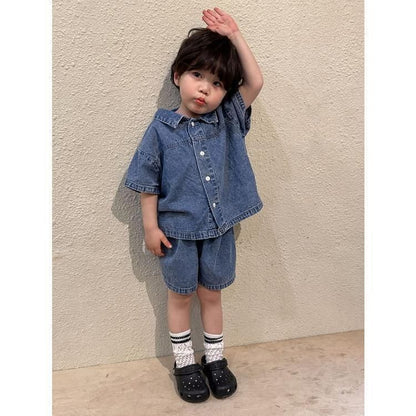 女の子 半袖 ワンピースデニ 未使用 ムワンピ 韓国子供服 男の子 半袖 セットアップ デニム2点セット 男女兼用 夏服 通園着 通学着 キッズ 可愛い おしゃれ ベビー服kongban145