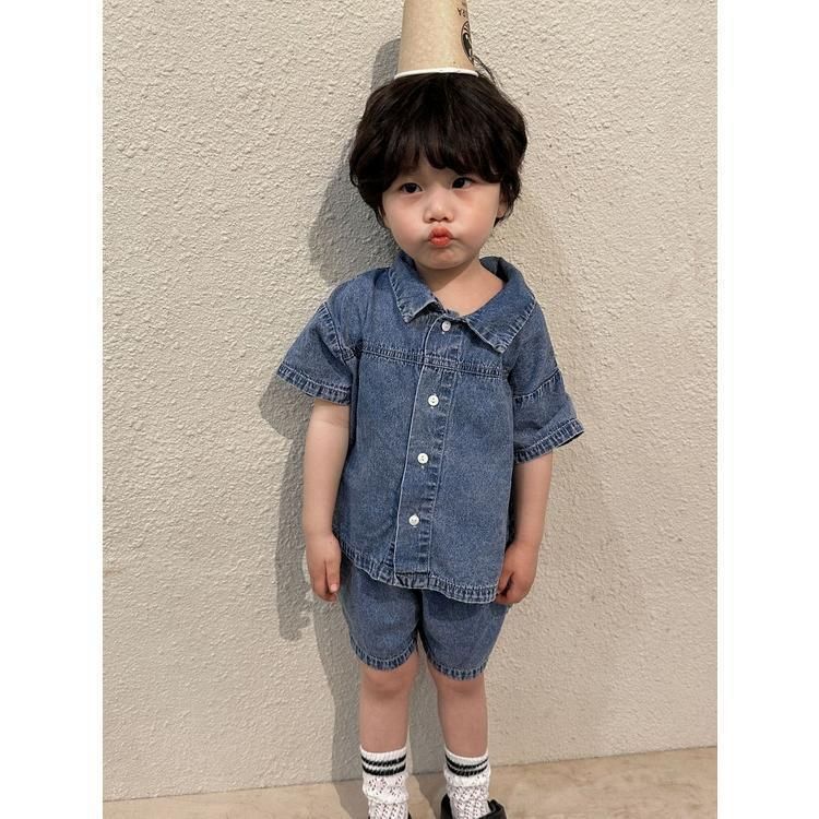 女の子 半袖 ワンピースデニ 未使用 ムワンピ 韓国子供服 男の子 半袖 セットアップ デニム2点セット 男女兼用 夏服 通園着 通学着 キッズ 可愛い おしゃれ ベビー服kongban145