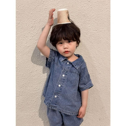 女の子 半袖 ワンピースデニ 未使用 ムワンピ 韓国子供服 男の子 半袖 セットアップ デニム2点セット 男女兼用 夏服 通園着 通学着 キッズ 可愛い おしゃれ ベビー服kongban145