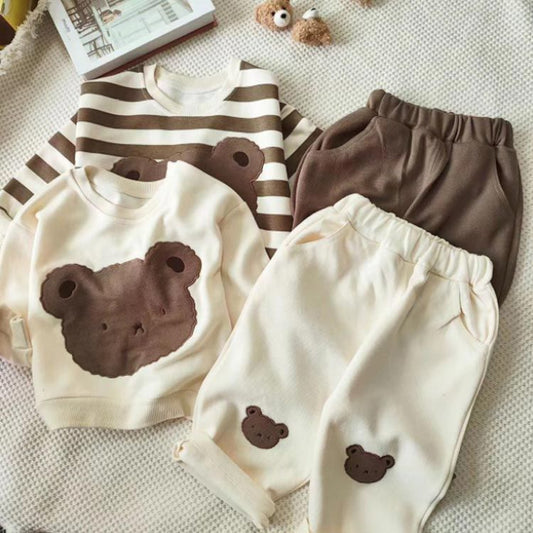 2点セット ロングパンツ スウェット トレーナー ジャージ キッズ 韓国子ども服 80～130 パーカー 運動着 可愛い クマ セットアップ ベビー服 80～130 熊 男の子 女の子 双子 お揃い #alice602405