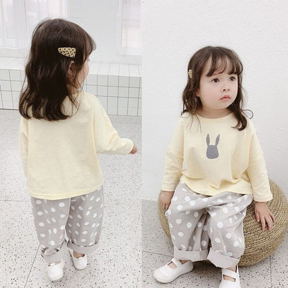 カットソー トップス 子供用 キッズ 女の子 男の子 長袖 ロンT クルーネック ドロップショルダー うさぎ イラスト かわいい グレー