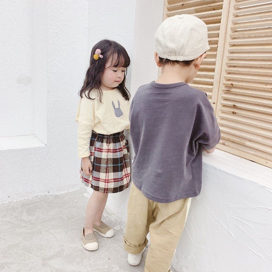 カットソー トップス 子供用 キッズ 女の子 男の子 長袖 ロンT クルーネック ドロップショルダー うさぎ イラスト かわいい グレー