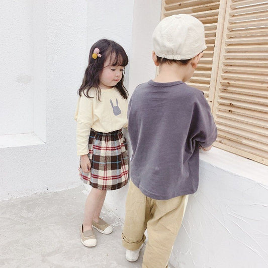 カットソー トップス 子供用 キッズ 女の子 男の子 長袖 ロンT クルーネック ドロップショルダー うさぎ イラスト かわいい グレー